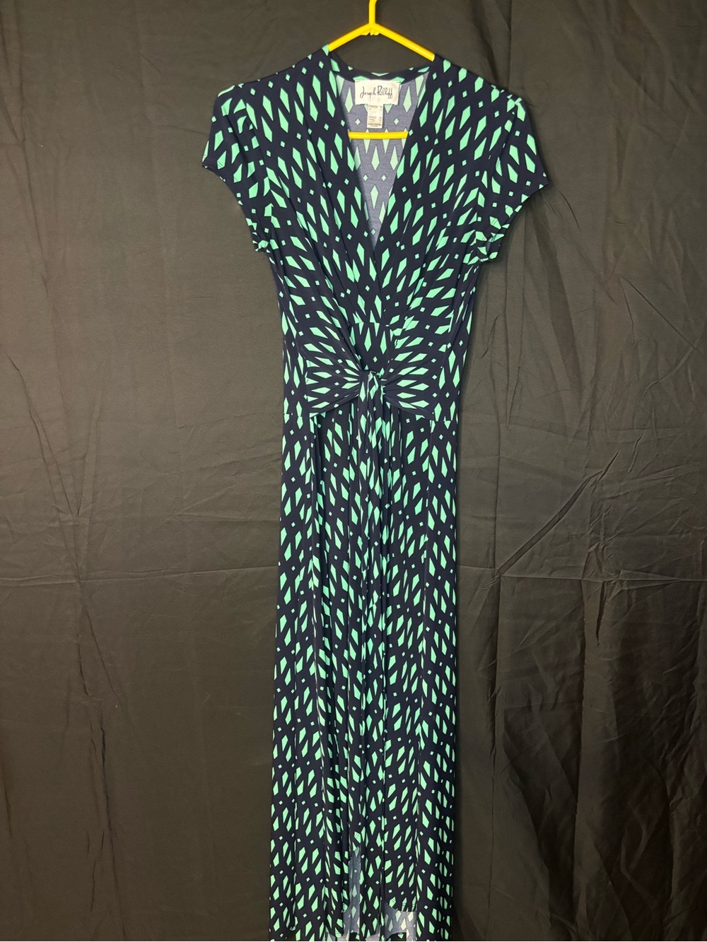 Joseph Ribkoff Teal Geometric Maxi Faux  Wrap Dress V-Neck Sz 8